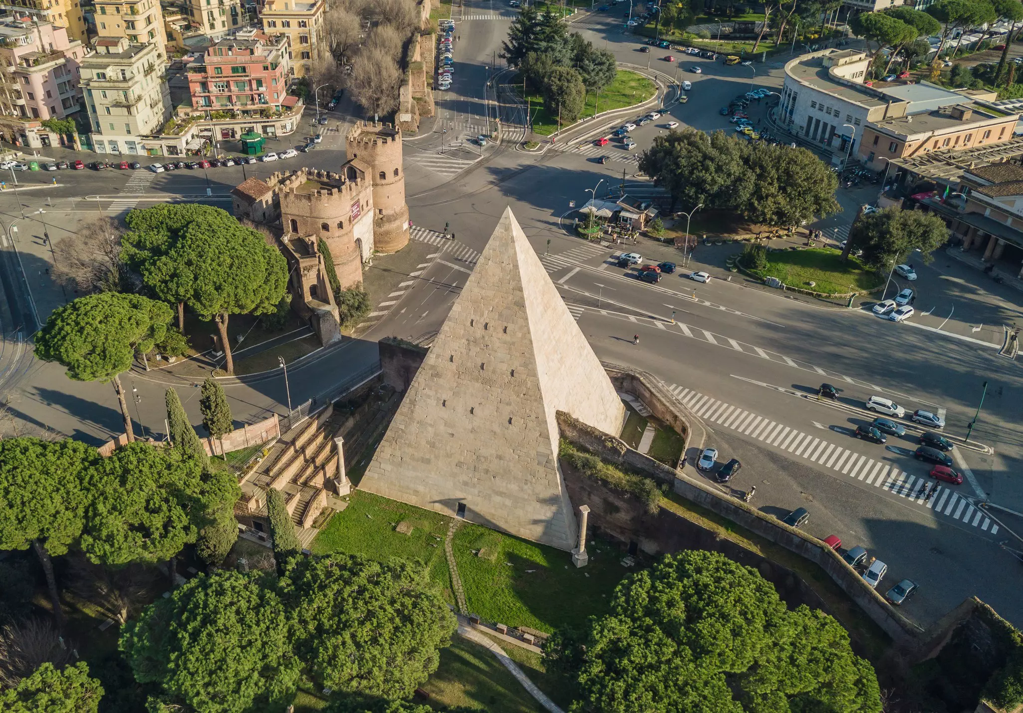 Aerial view of the Pyramid of Cestius in Rome.