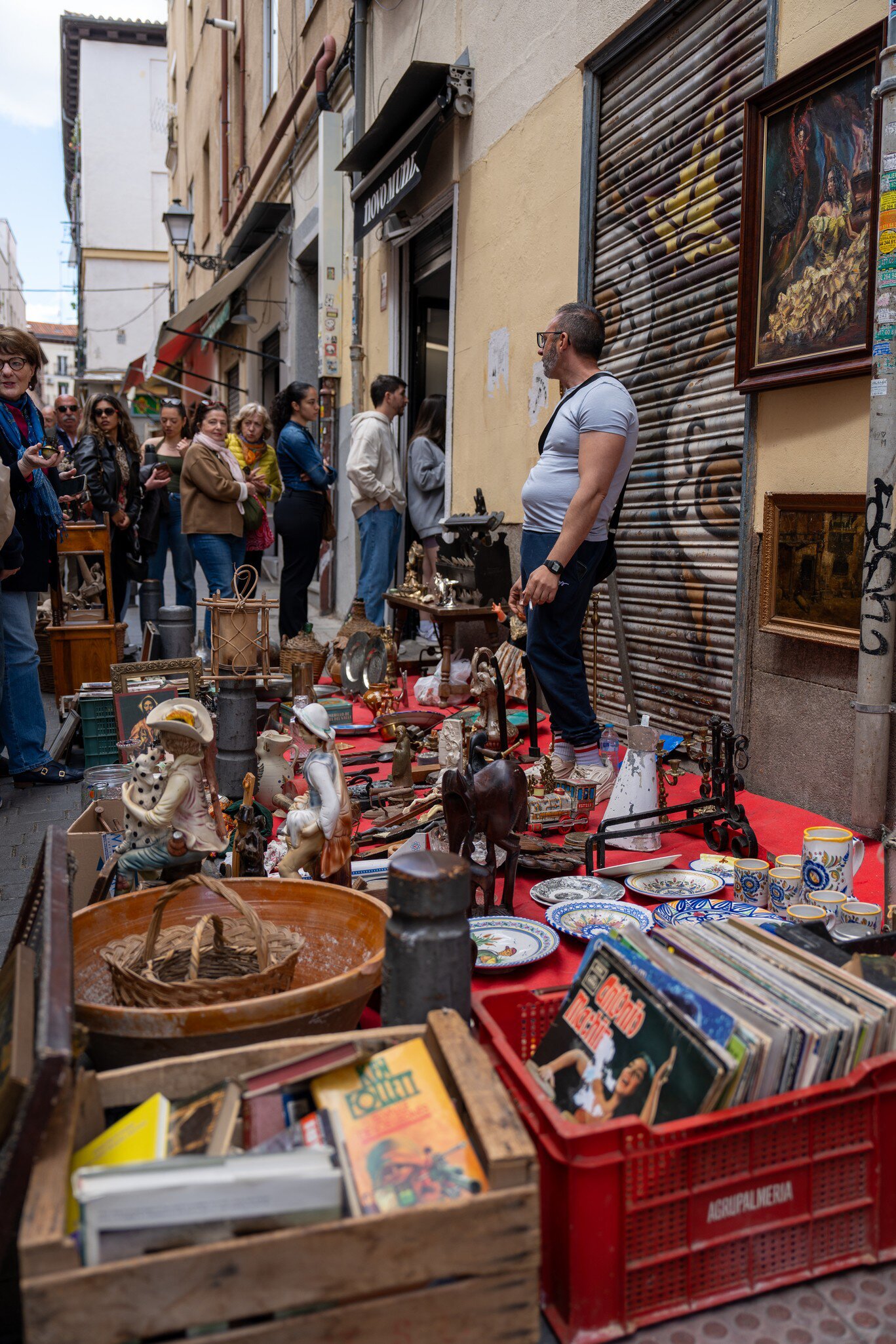 Goods being sold at El Rastro Market in Madrid, Spain.