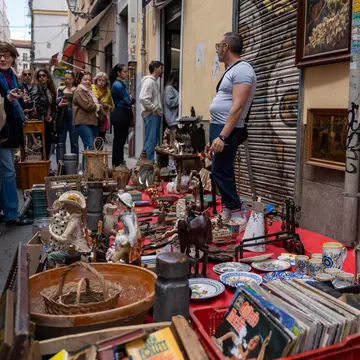Goods being sold at El Rastro Market in Madrid, Spain.