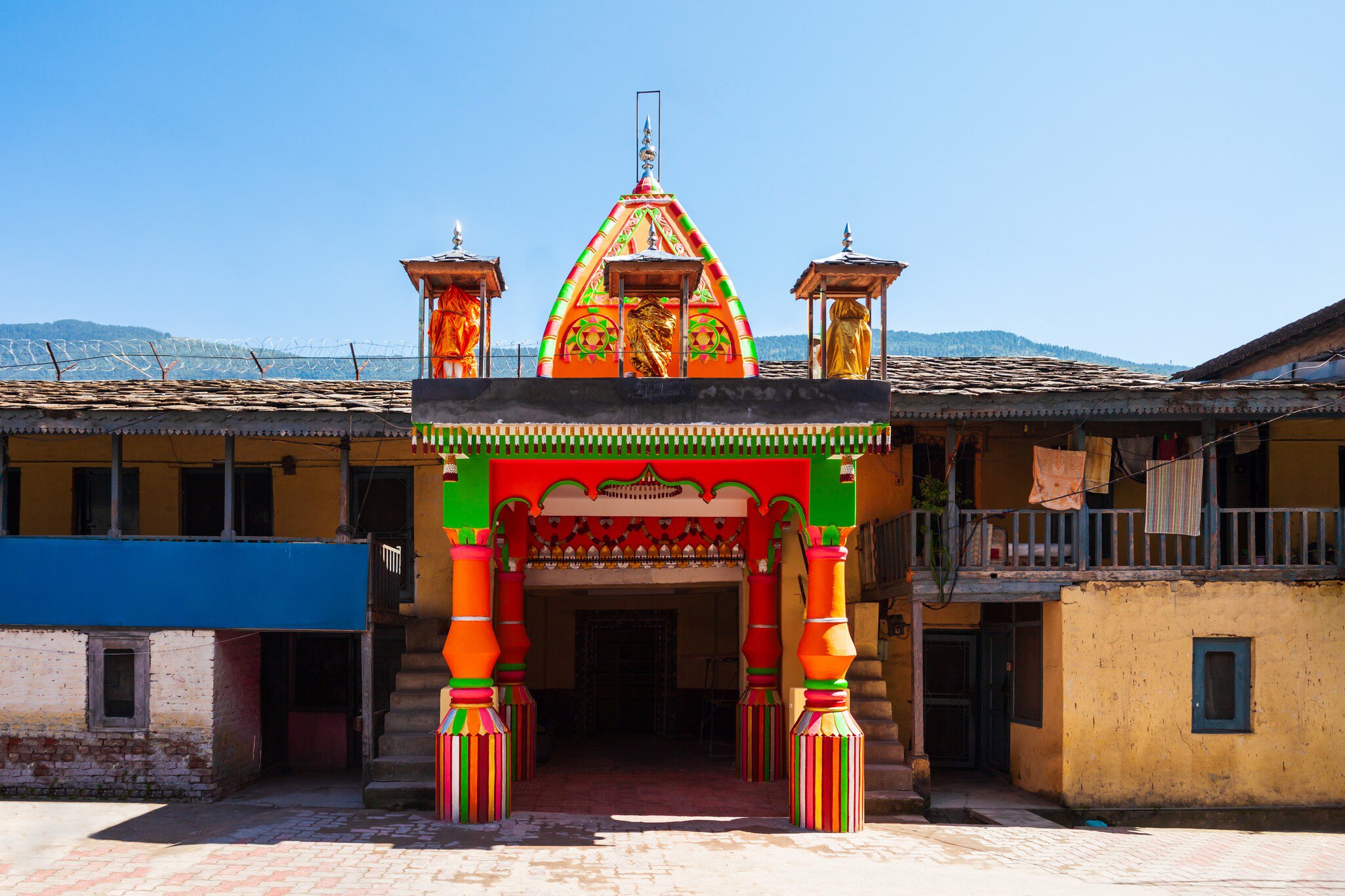 Facade of Raghunath Temple, a Hindu temple located in Kullu town, Himachal Pradesh state in India.