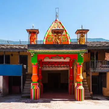 Facade of Raghunath Temple, a Hindu temple located in Kullu town, Himachal Pradesh state in India.