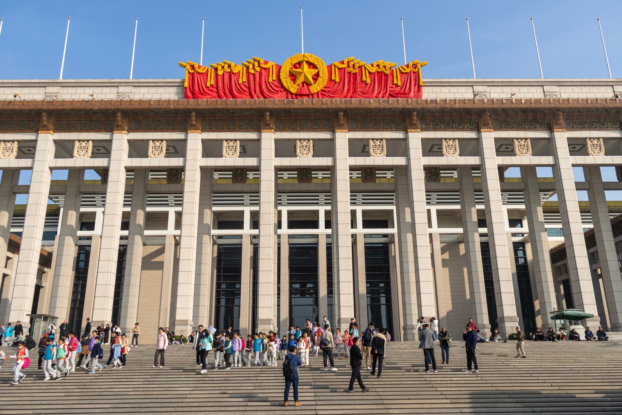 View of the steps leading up to the National Museum of China in Beijing, China.