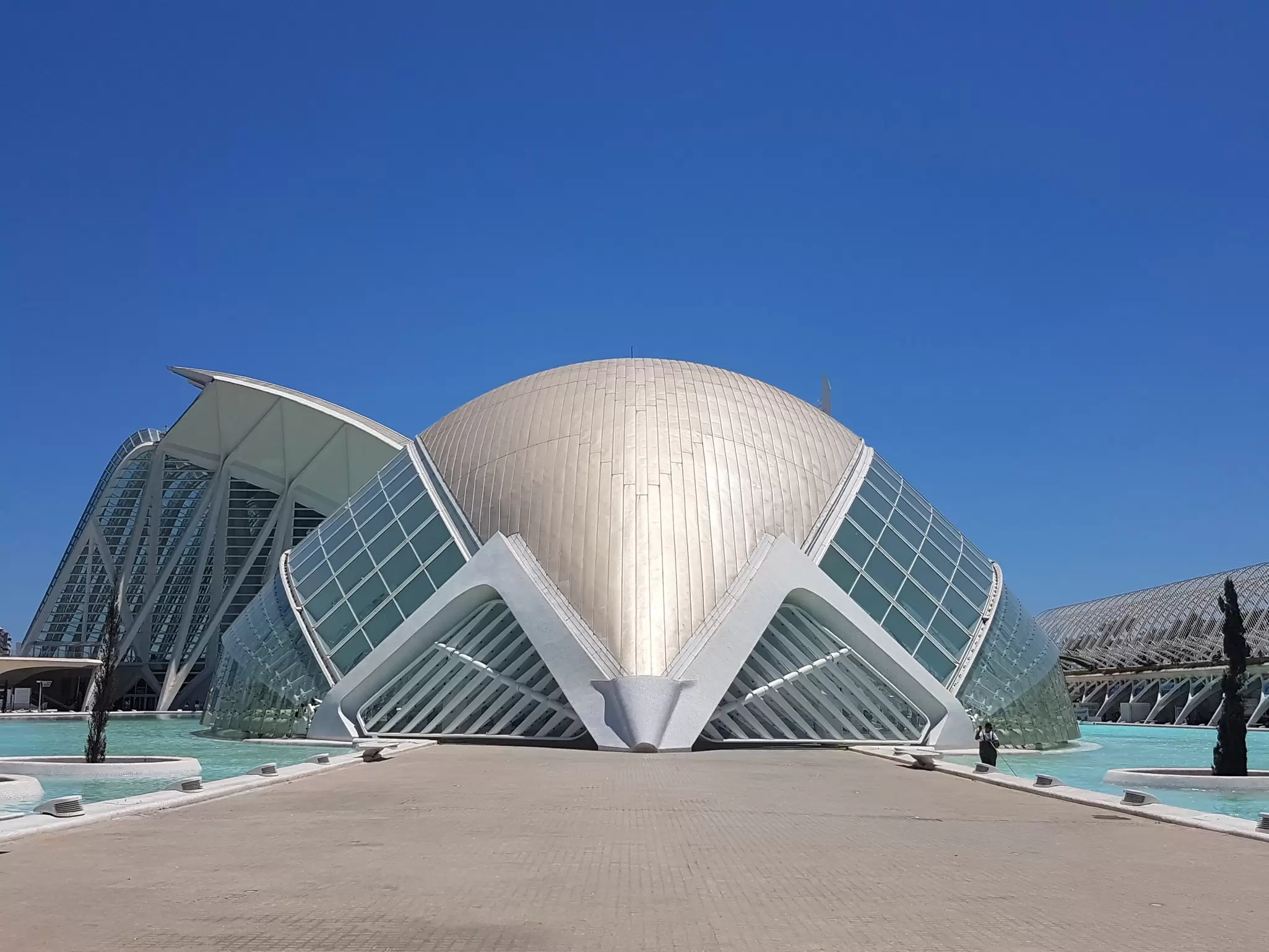 Side view of the Hemisfèric in the Ciudad de las Artes y las Ciencias, a cultural and architectural complex in Valencia, Spain.