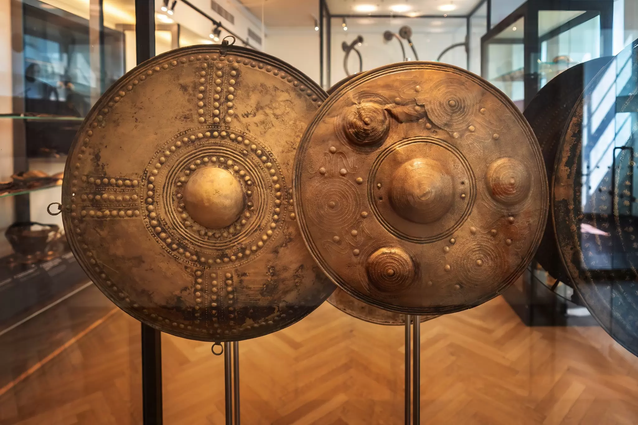 View of bronze shields at Nationalmuseet in Copenhagen, Denmark.