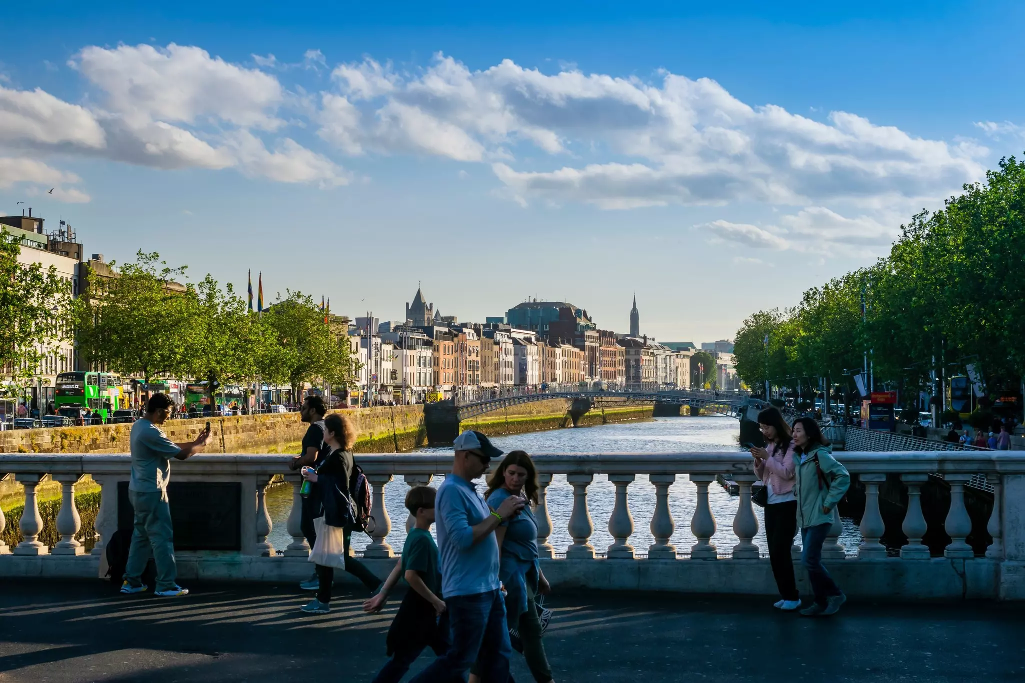 Tourists on O'Connell Bridge, Dublin, Ireland. 