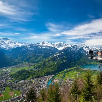 View from the Harder Kulm viewing platform over Interlaken, its two lakes and snowy Bernese Alps
