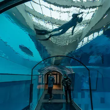 A diver is seen in the deepest pool in the world with 45.5-metre (150-foot) located in Mszczonow about 50 km from Warsaw, November 21, 2020. - The complex, named Deepspot, even includes a small wreck for scuba and free divers to explore. It has 8,000 cubic metres of water -- more than 20 times the amount in an ordinary 25-metre pool. (Photo by Wojtek RADWANSKI / AFP) (Photo by WOJTEK RADWANSKI/AFP via Getty Images)
1229727084
Horizontal