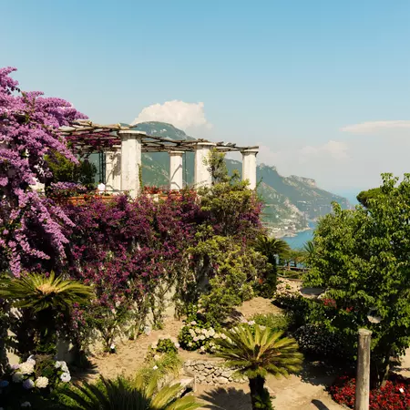 View of Villa Rufolo, Ravello, Italy with sea beyond