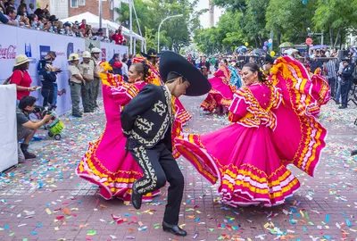GUADALAJARA , MEXICO - AUG 28 : Participants in a parde during the 23rd International Mariachi & Charros festival in Guadalajara Mexico on August 28 , 2016.   License Type: media  Download Time: 2023-05-19T08:16:45.000Z  