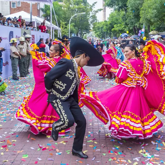 GUADALAJARA , MEXICO - AUG 28 : Participants in a parde during the 23rd International Mariachi & Charros festival in Guadalajara Mexico on August 28 , 2016.   License Type: media  Download Time: 2023-05-19T08:16:45.000Z  