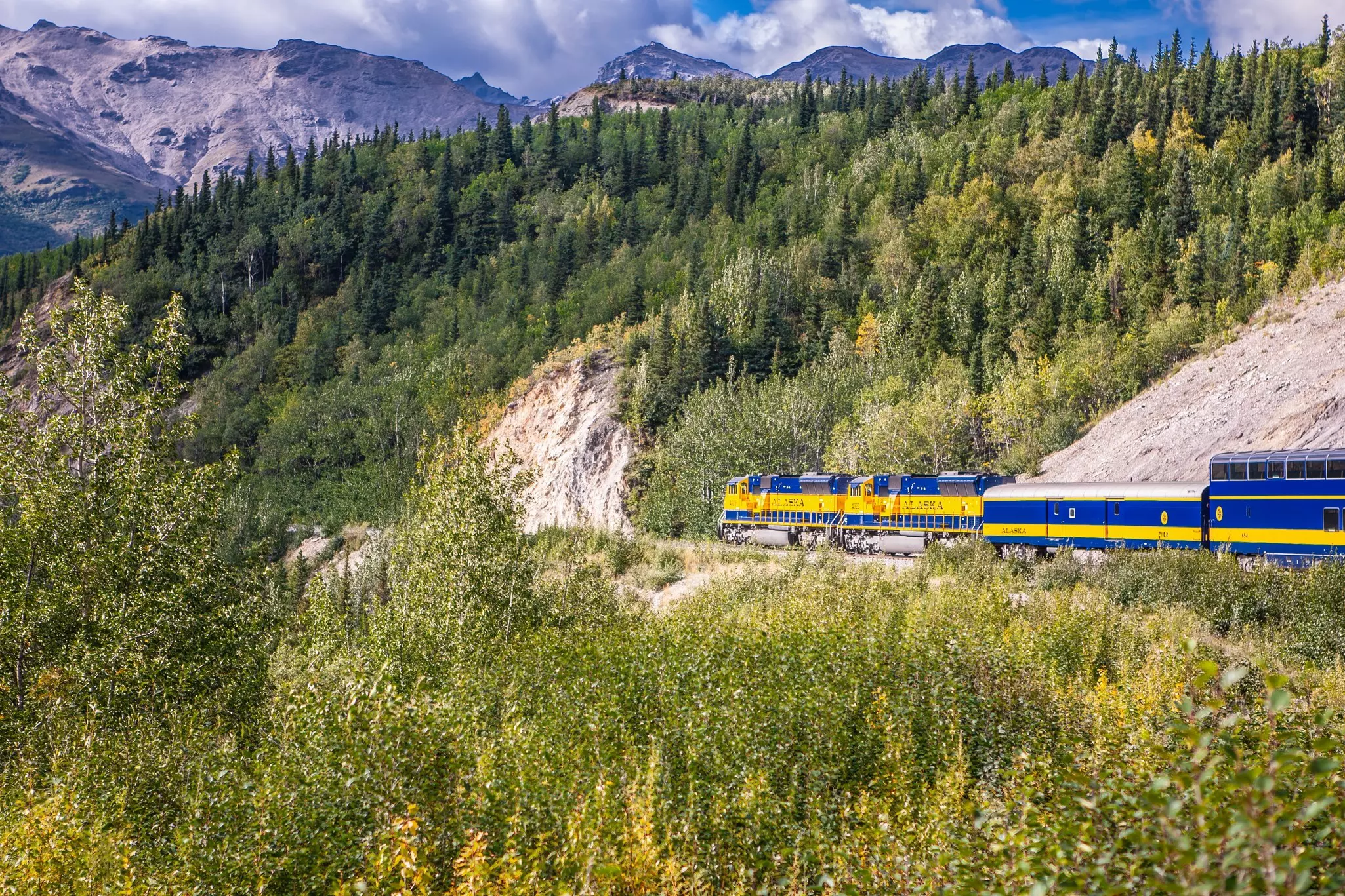 A blue train with a yellow stripe travels through a hilly, forested landscape with rocky peaks in the distance. 