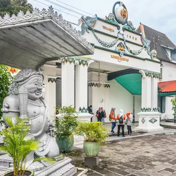 Dwarapala guardian statue at Donopratono gate of the Kraton Ngayogyakarta Hadiningrat, the palace of the Yogyakarta Sultanate, Central Java, Indonesia, January 14, 2018