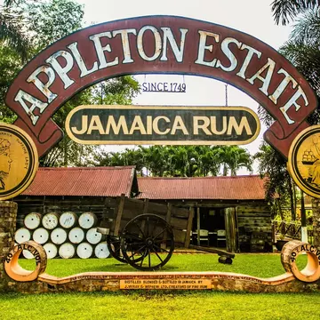 A painted archway sign above stacked barrels, a wooden cart and a tin-roofed shed on a lawn.