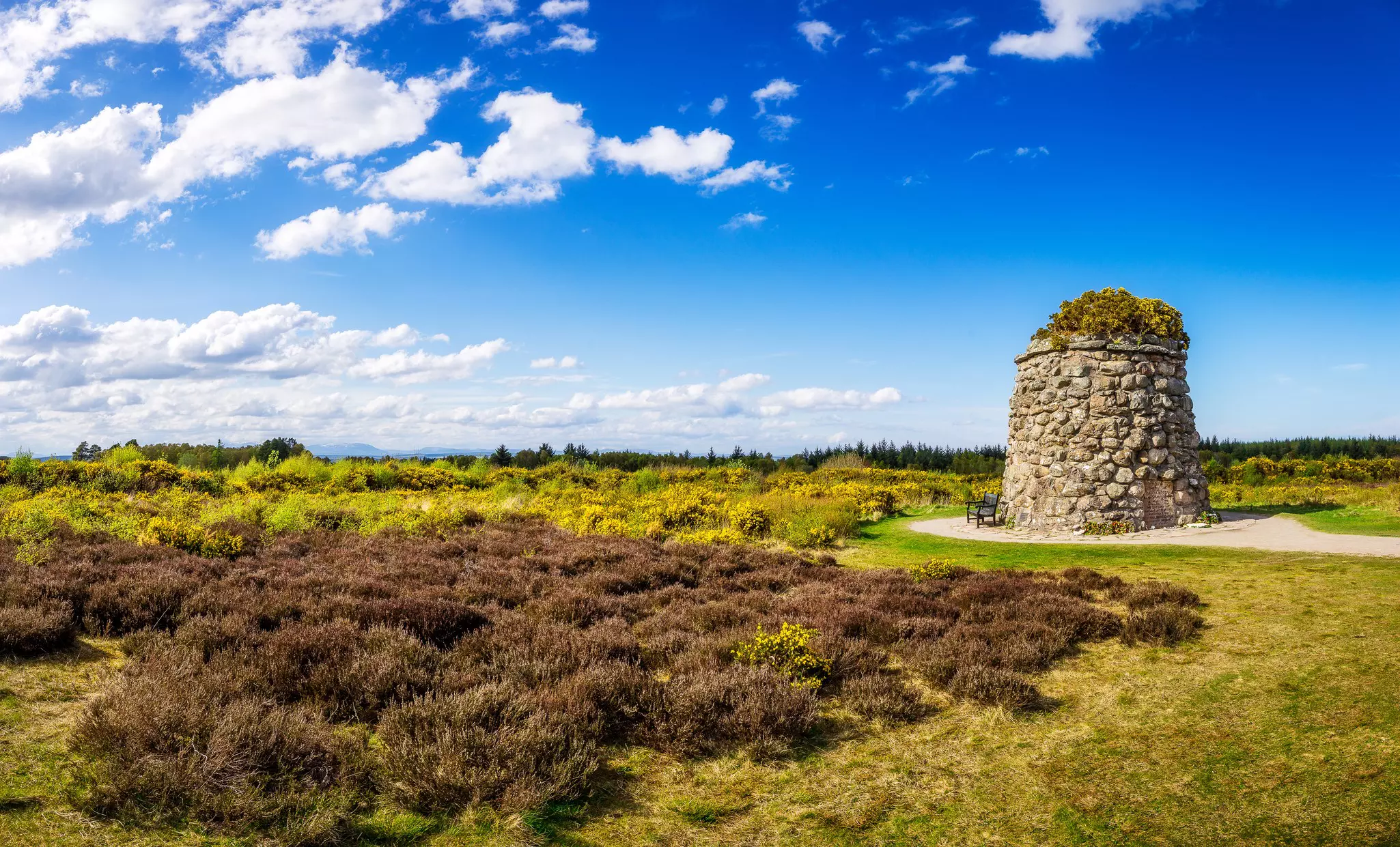 An ancient stone cairn stands among a vast field covered with heather and gorse on a sunny day