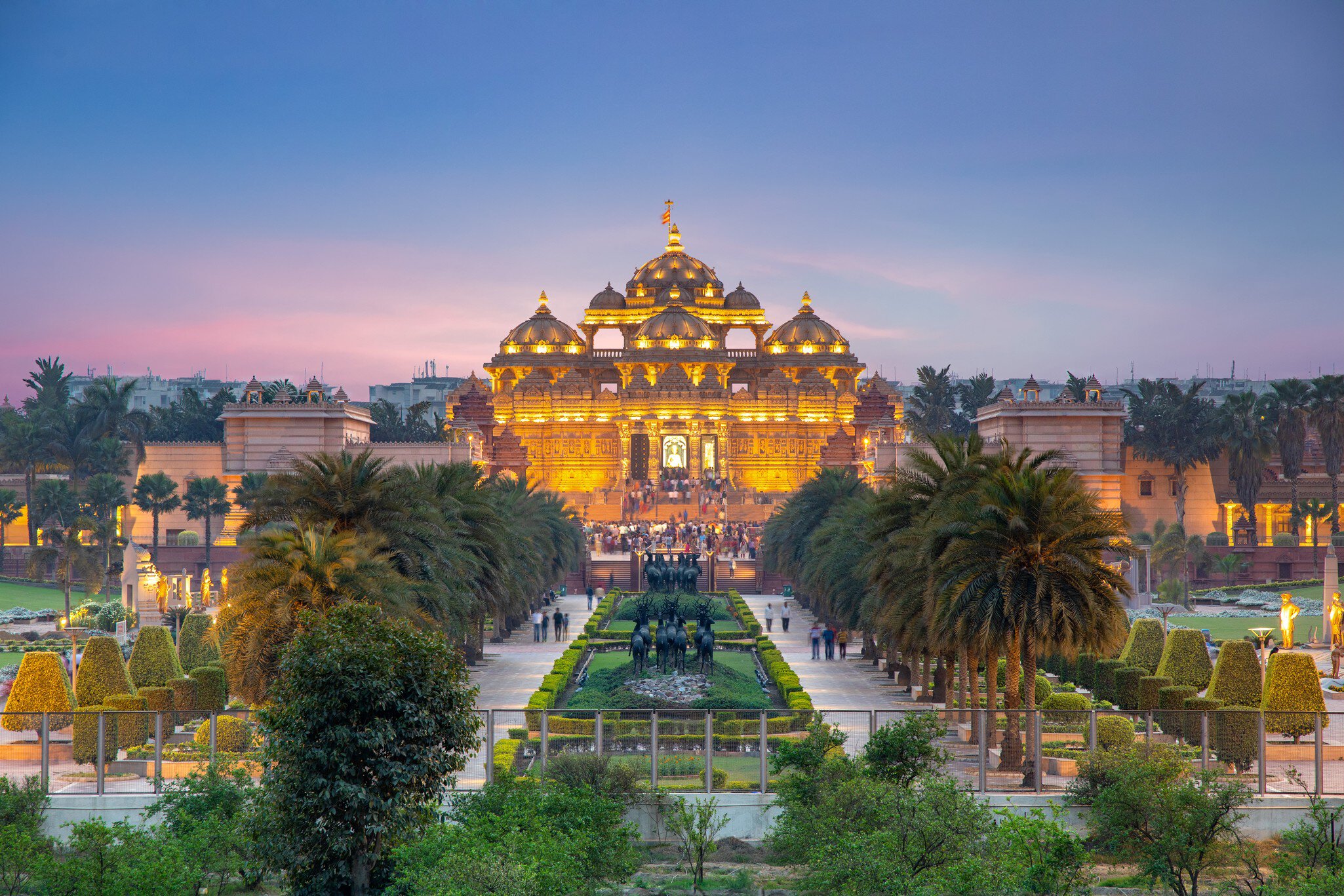 Wide exterior of Akshardham Temple at night. New Delhi, India.