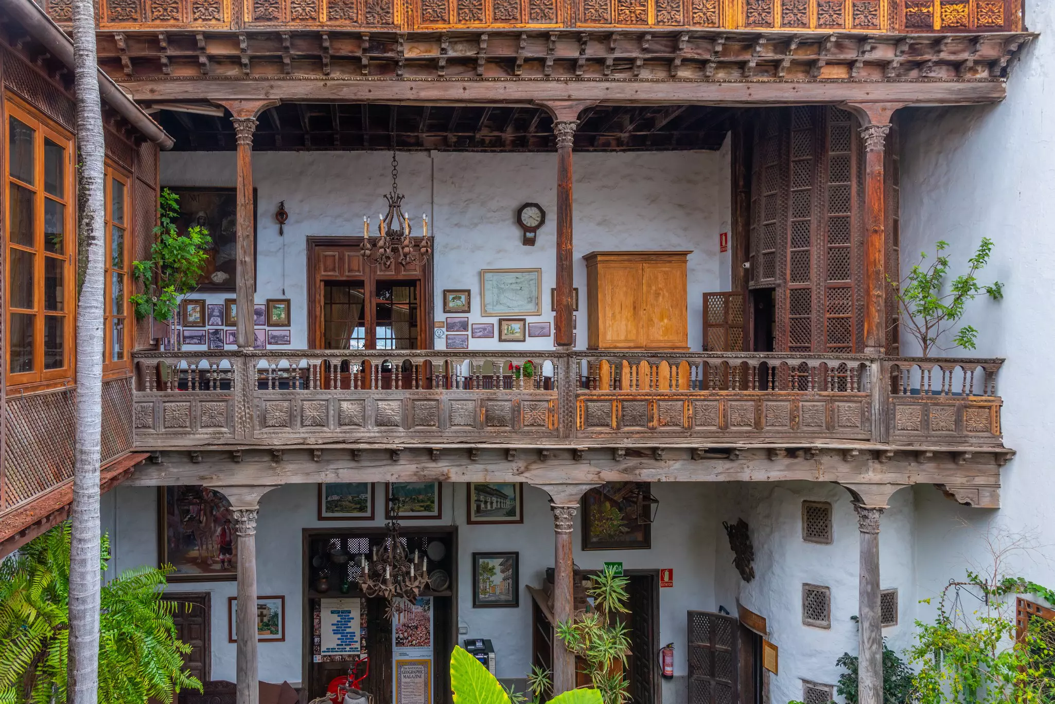 Carved wooden balconies in a courtyard