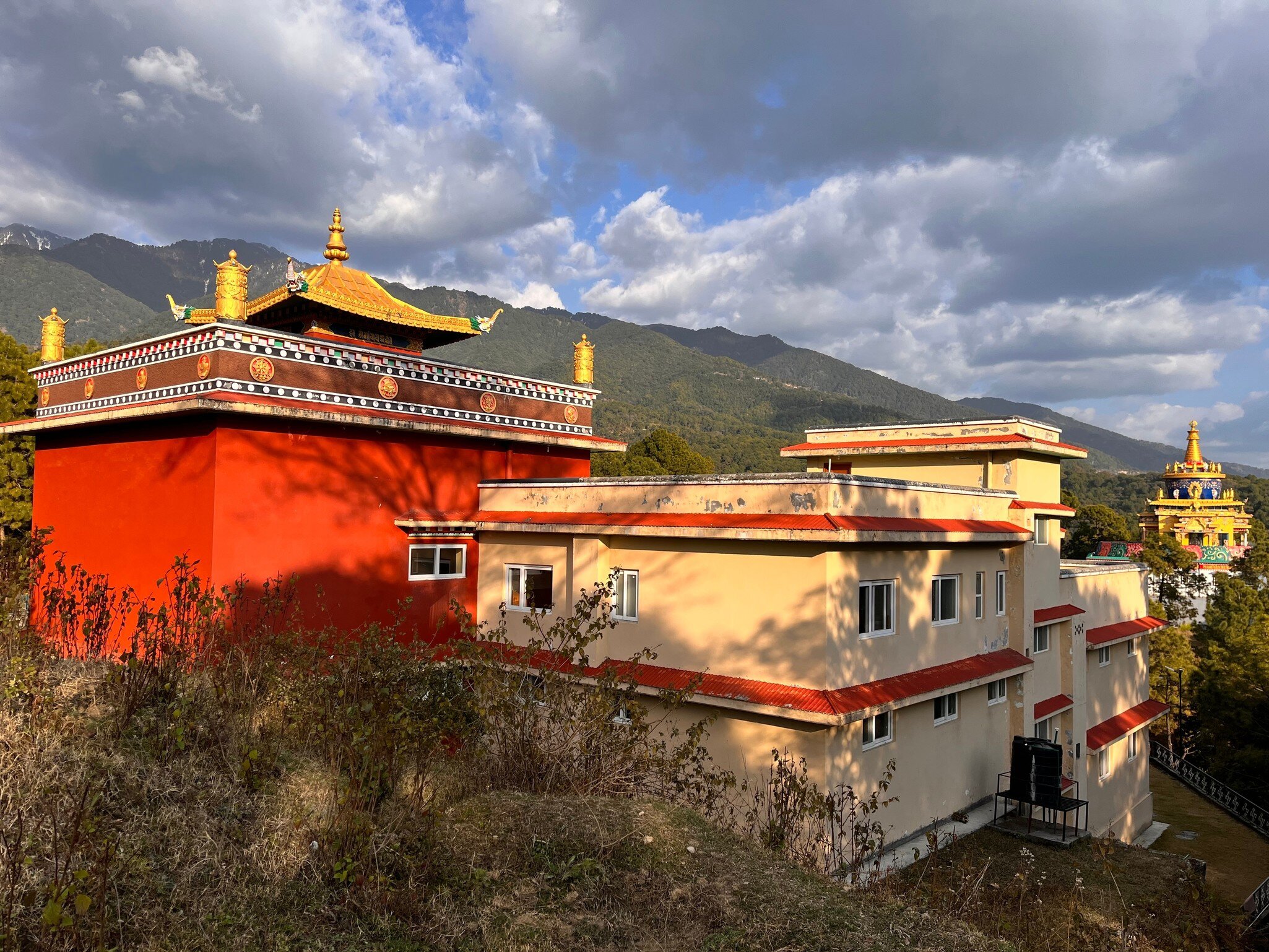 Palpung Sherabling Monastery, situated in the foothills of Kangra Valley, beautiful coverage of mountains and surrounded with the shadow of pine trees. Himachal Pradesh, India.