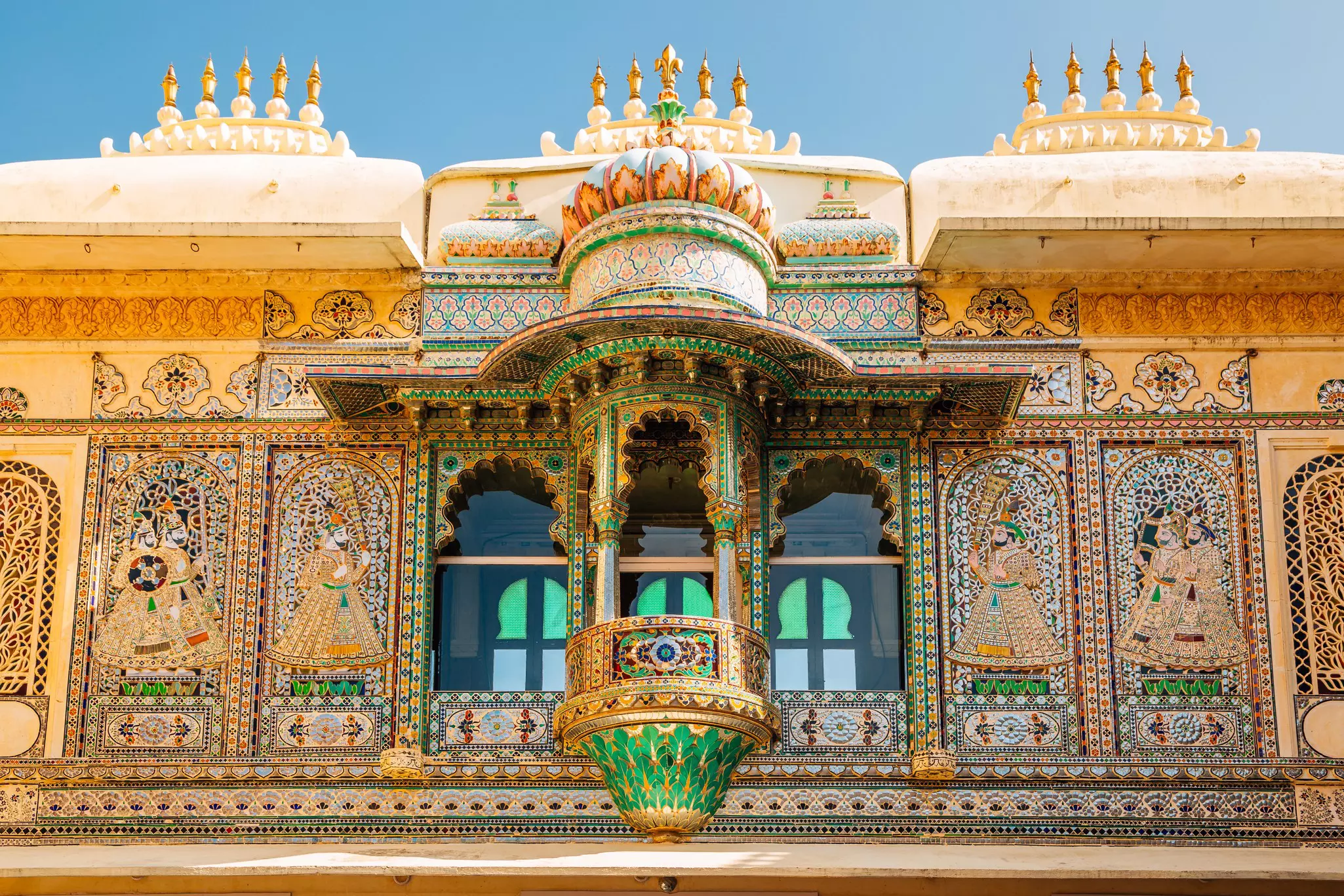 Lavish mirror mosaics inside Mor Chowk at the City Palace, Udaipur, Rajasthan, India.