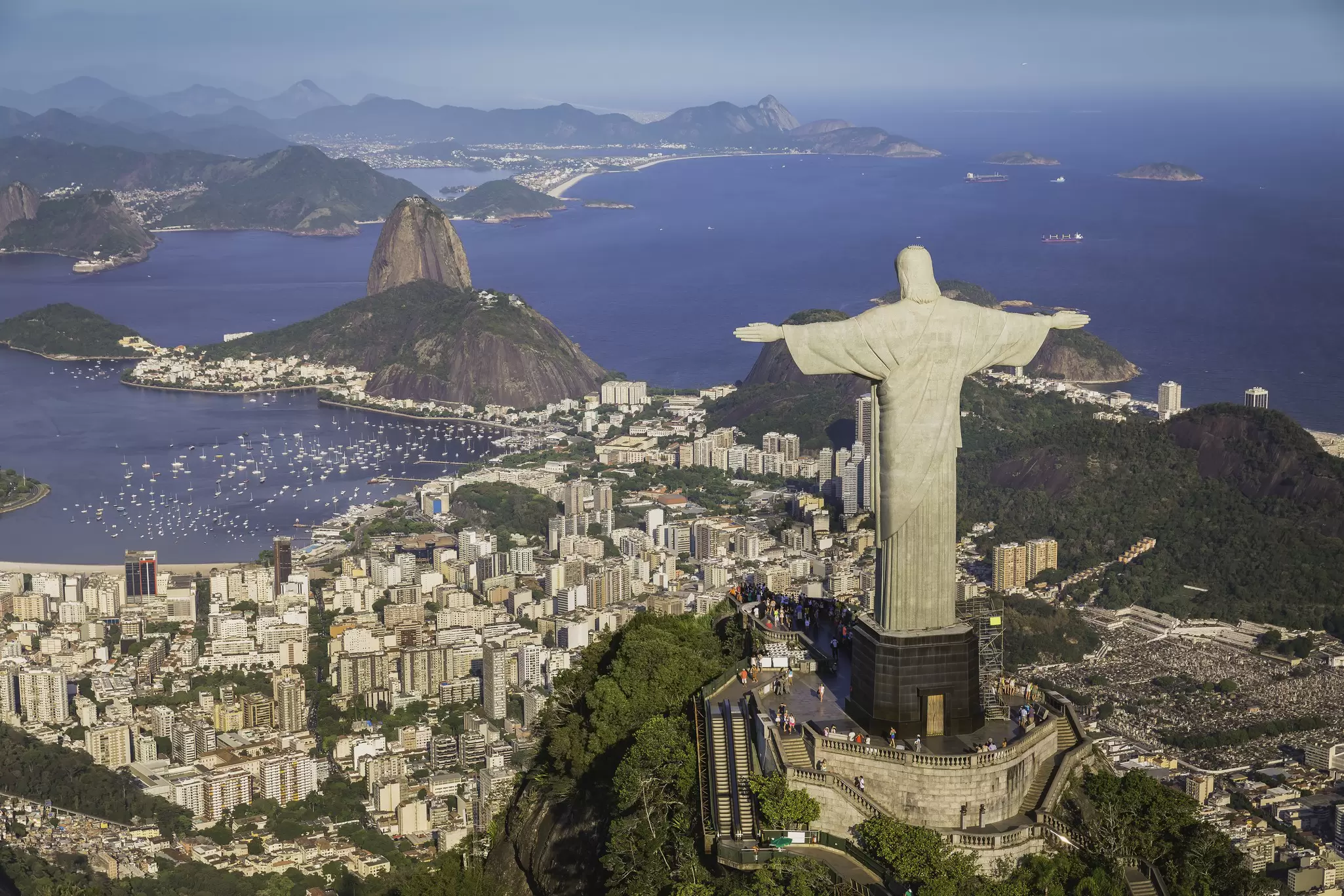 Aerial view of the Cristo Redentor statue and Botafogo Bay in Rio de Janeiro, Brazil.