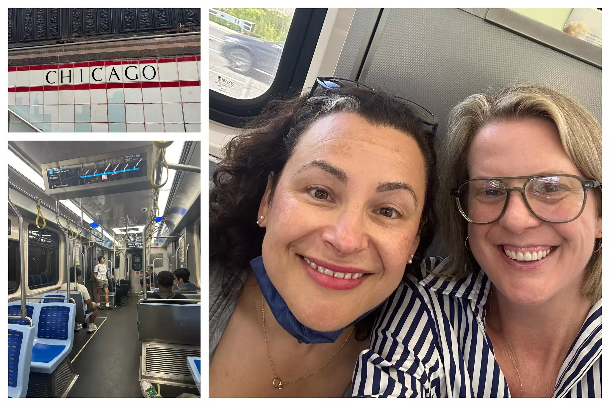 A collage showing an L Train carriage and two friends posing for a selfie on board