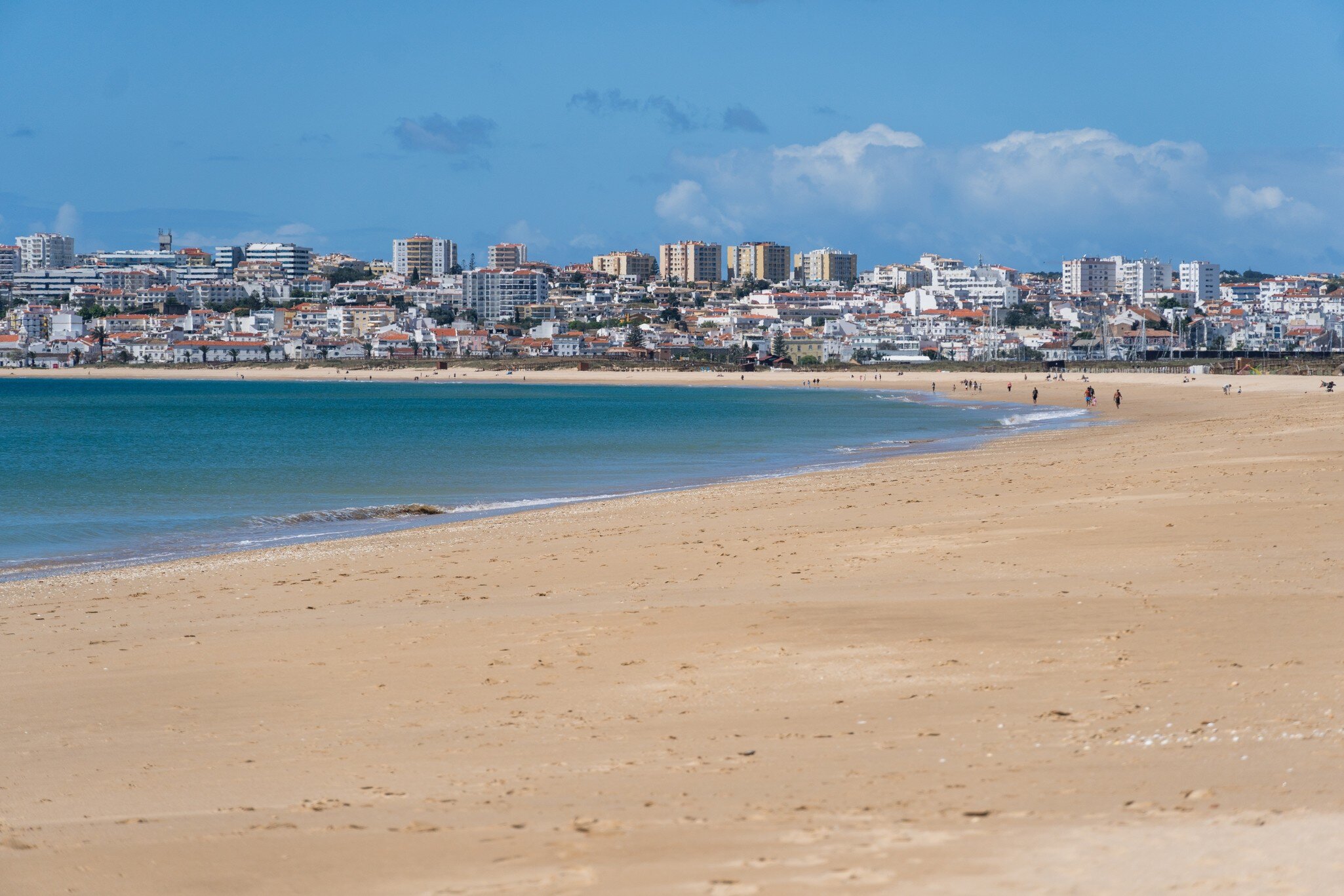 View down Meia Praia, a beach in Lagos, Portugal.