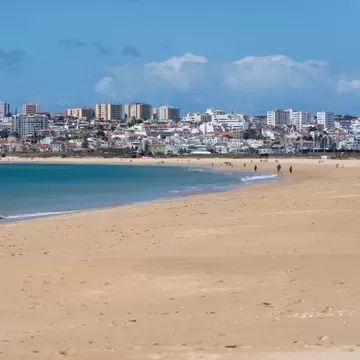 View down Meia Praia, a beach in Lagos, Portugal.