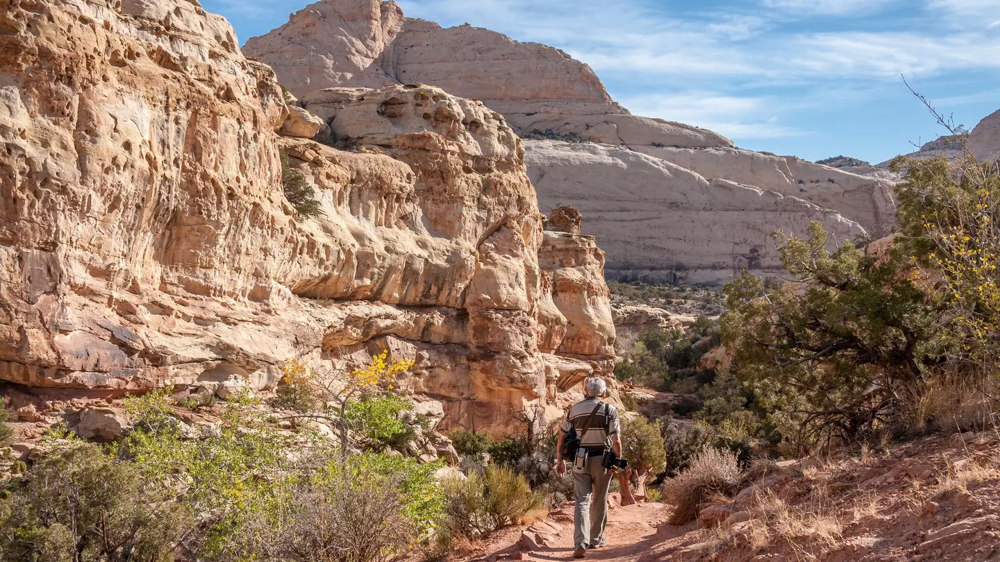 A photographer walking down a rocky path, with rock formations in the background