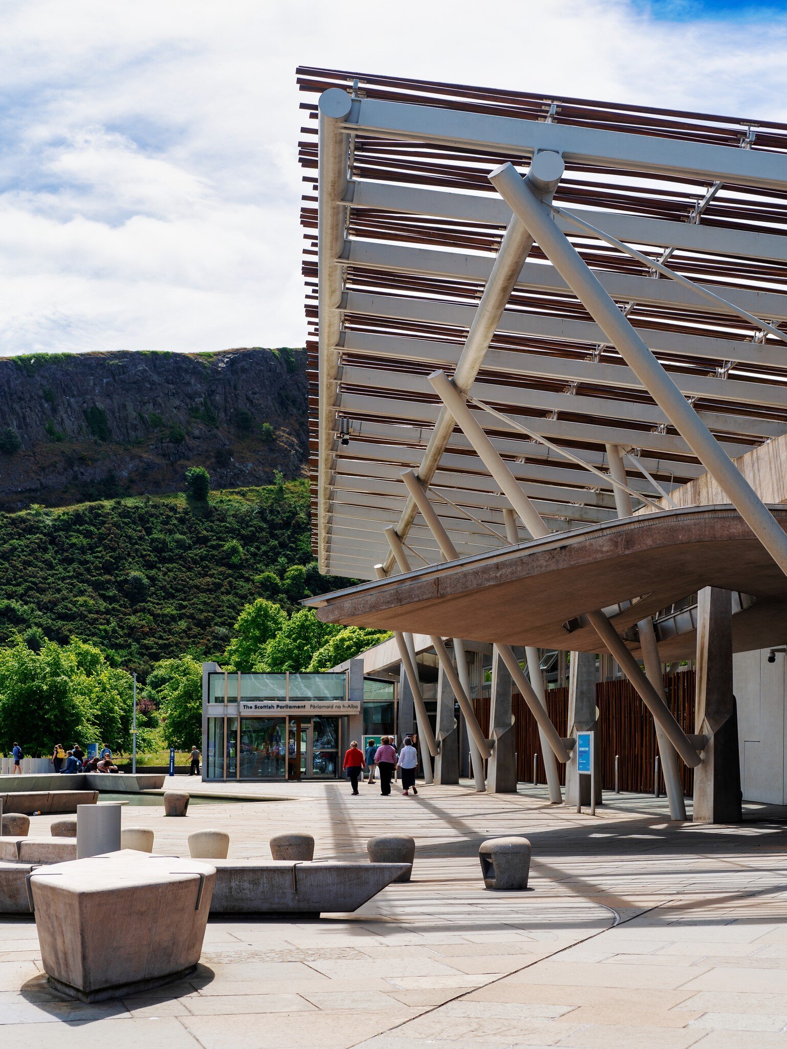 The exterior of the Scottish Parliament Building, designed by architect Enric Miralles.
