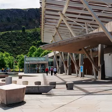 The exterior of the Scottish Parliament Building, designed by architect Enric Miralles.