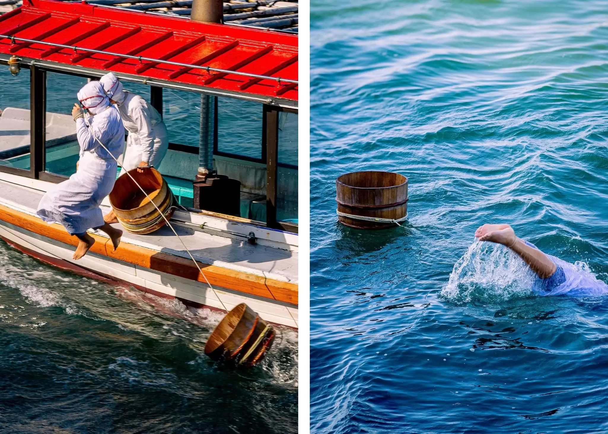 Left: Divers jump into the sea from a small boat, holding ropes connected to wooden buckets. Right: A wooden bucket floats in the sea beside a diver's legs disappearing into the water.