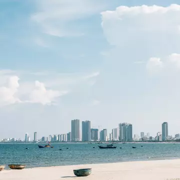 Da Nang Man Thai beach with fishing boats in Vietnam.