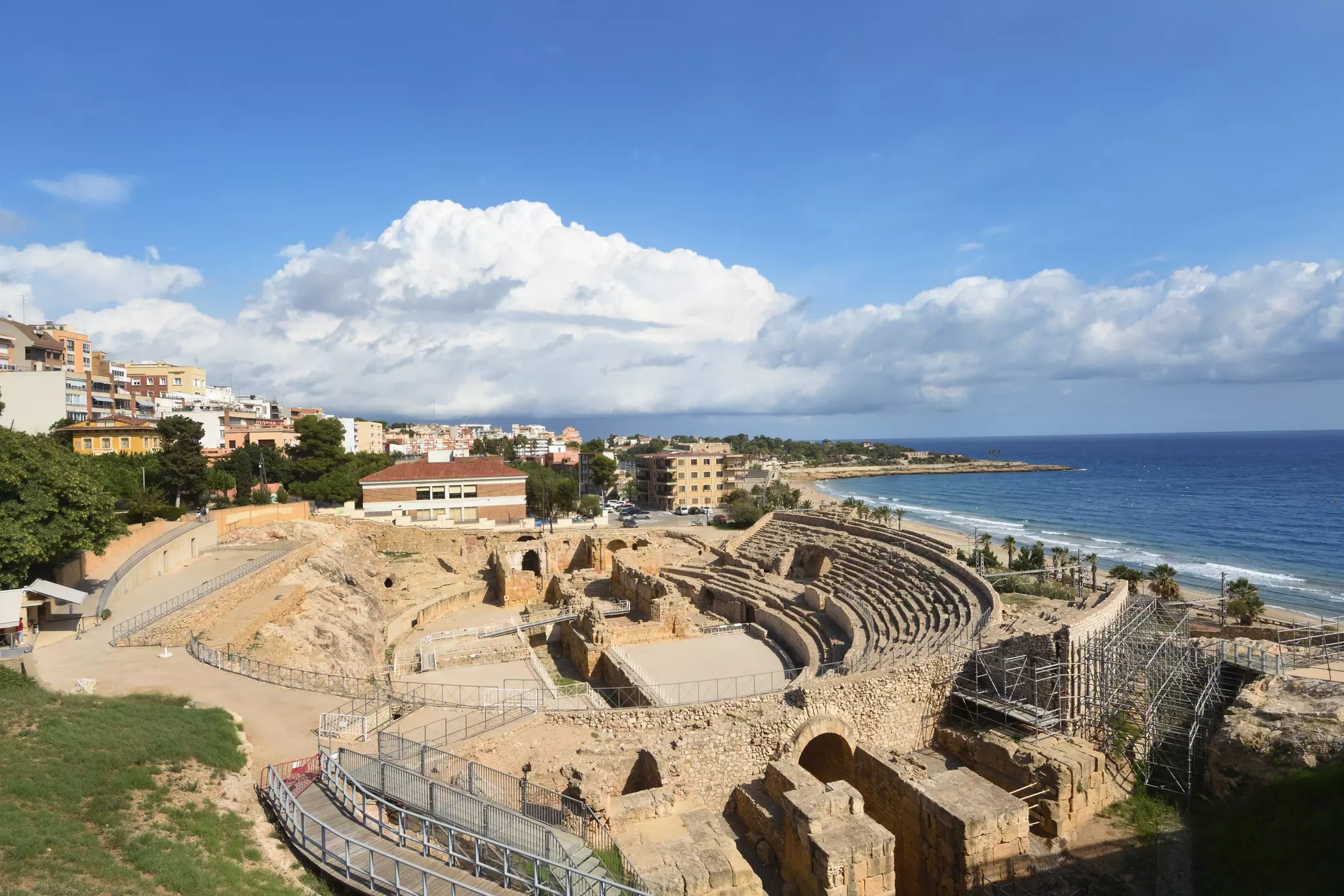 Roman amphitheatre in Tarragona, Catalonia, Spain overlooking the sea