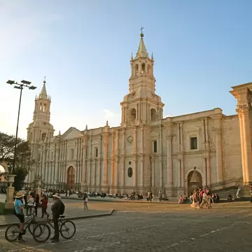 Cathedral of Arequipa on the Lively Plaza de Armas Square with many Visitors  in the Evening, Arequipa, Peru, 1st May 2018, License Type: media, Download Time: 2026-06-25T18:41:59.000Z, User: LP_NZhan, Editorial: true, purchase_order: 65050 - Digital Destinations and Articles, job: App content, client: lonely planet app, other: Nadine Zhan 
