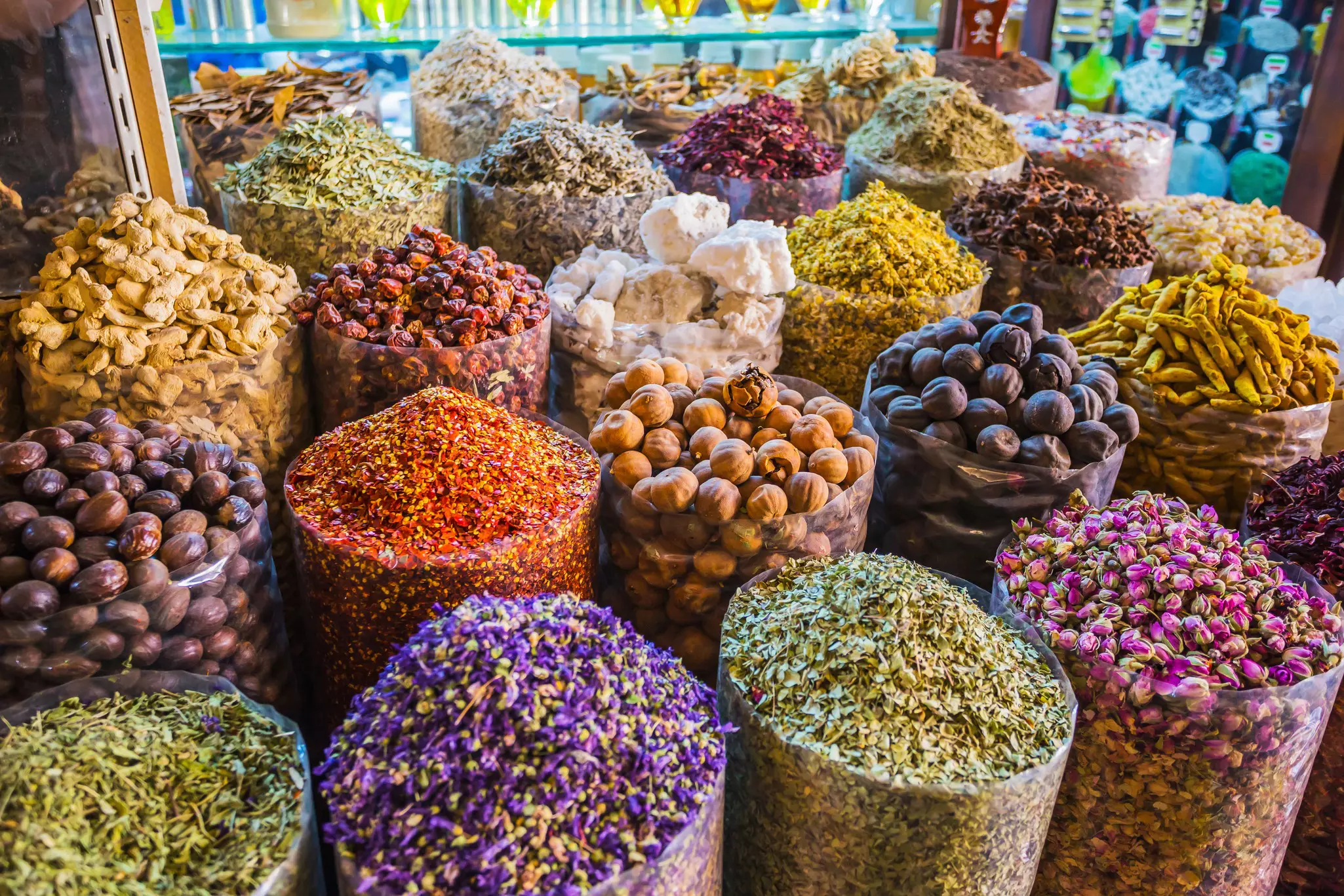 dried herbs flowers spices in the spice souq at Deira