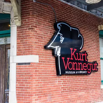 Indianapolis, Indiana, USA - October 16, 2021:  The sign for the Kurt Vonnegut Museum and Library.; Shutterstock ID 2060461757; your: Bridget Brown; gl: 65050; netsuite: Online Editorial; full: POI Image Update