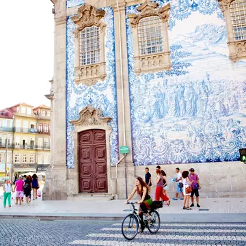 A church decorated with azulejo tiles in Porto, Portugal. 