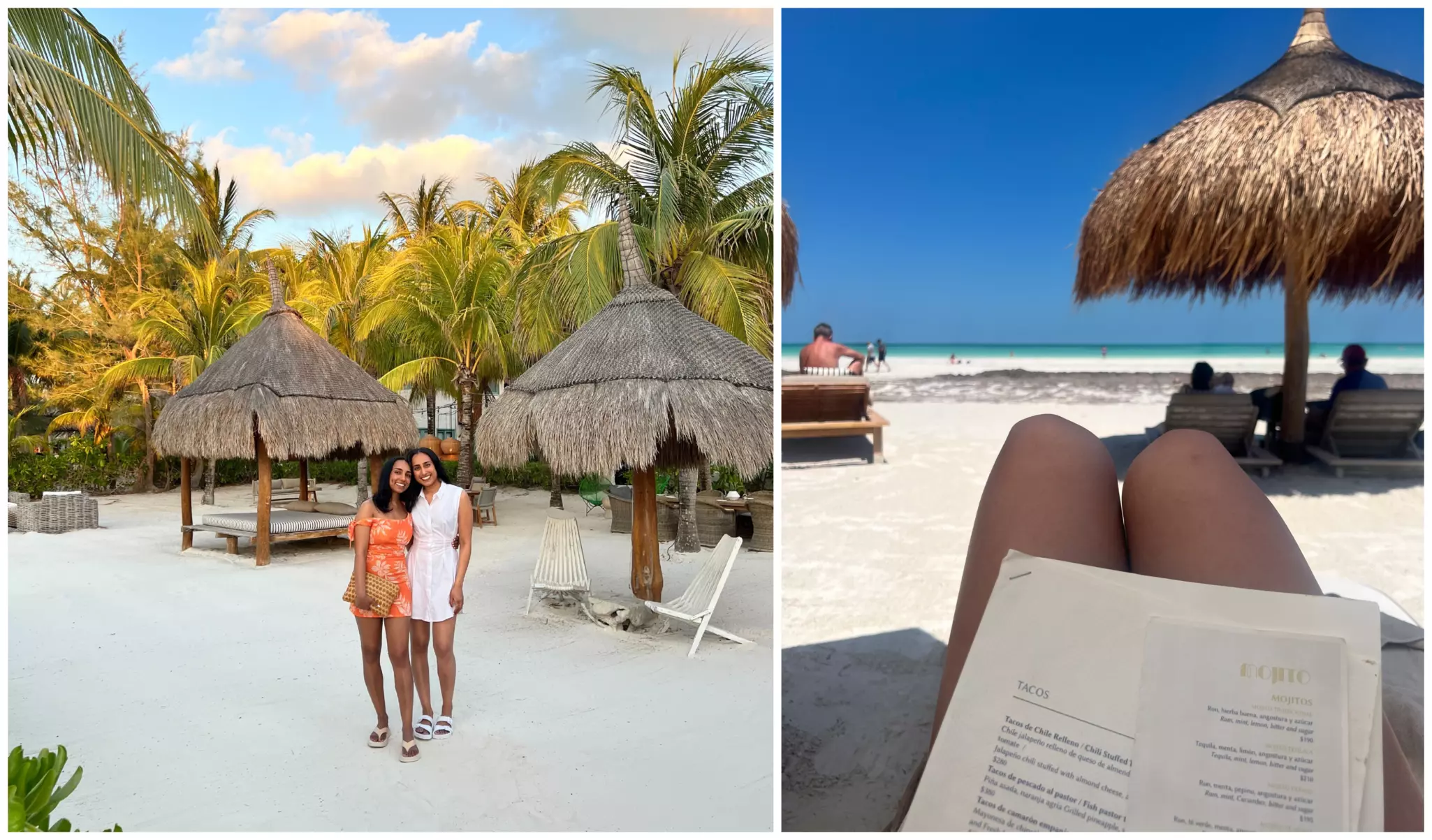 Serina and her sister on a white-sand beach on a sunny day