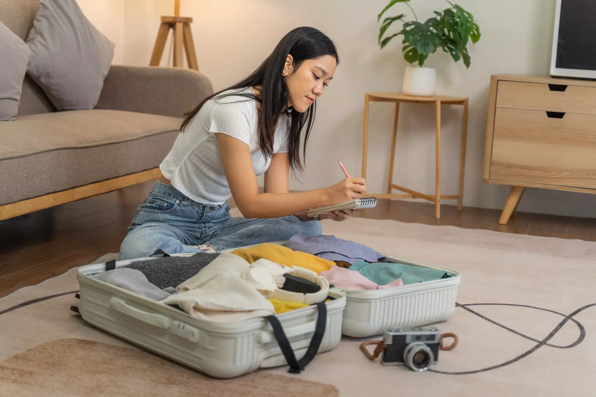 A female is seated on the floor of her living room checking her list on her notepad while packing her suitcase.