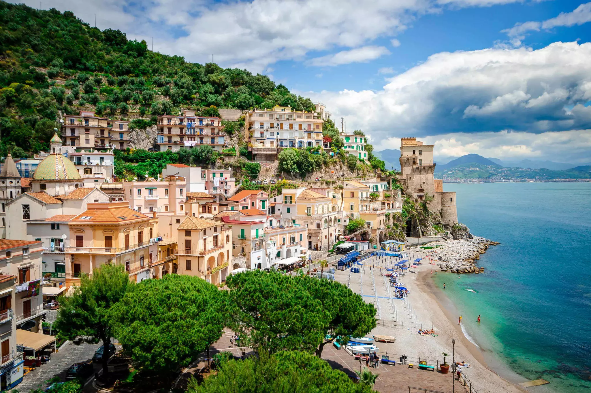 Cliff-side buildings on the coast in Cetara, Italy