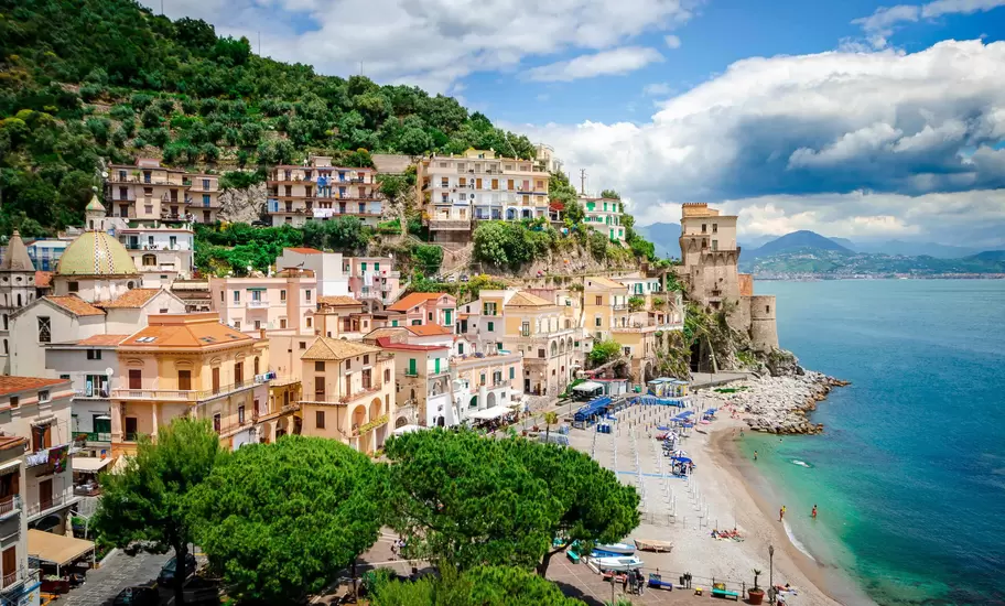 Cliff-side buildings on the coast in Cetara, Italy