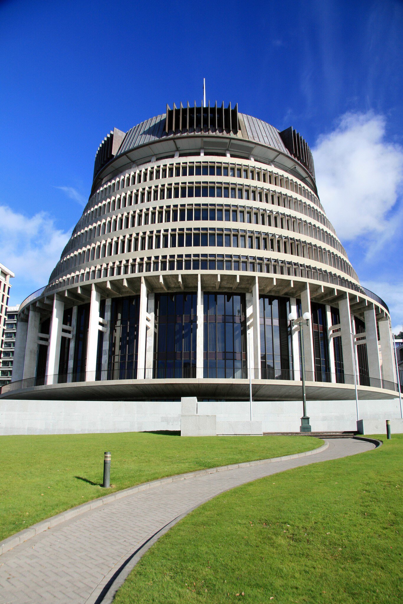 Exterior of the Beehive, Wellington, New Zealand.