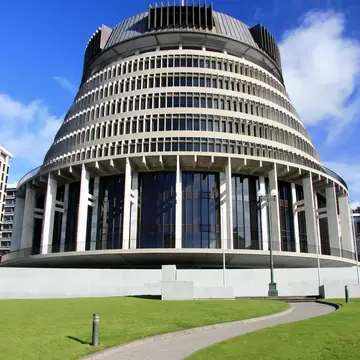 Exterior of the Beehive, Wellington, New Zealand.