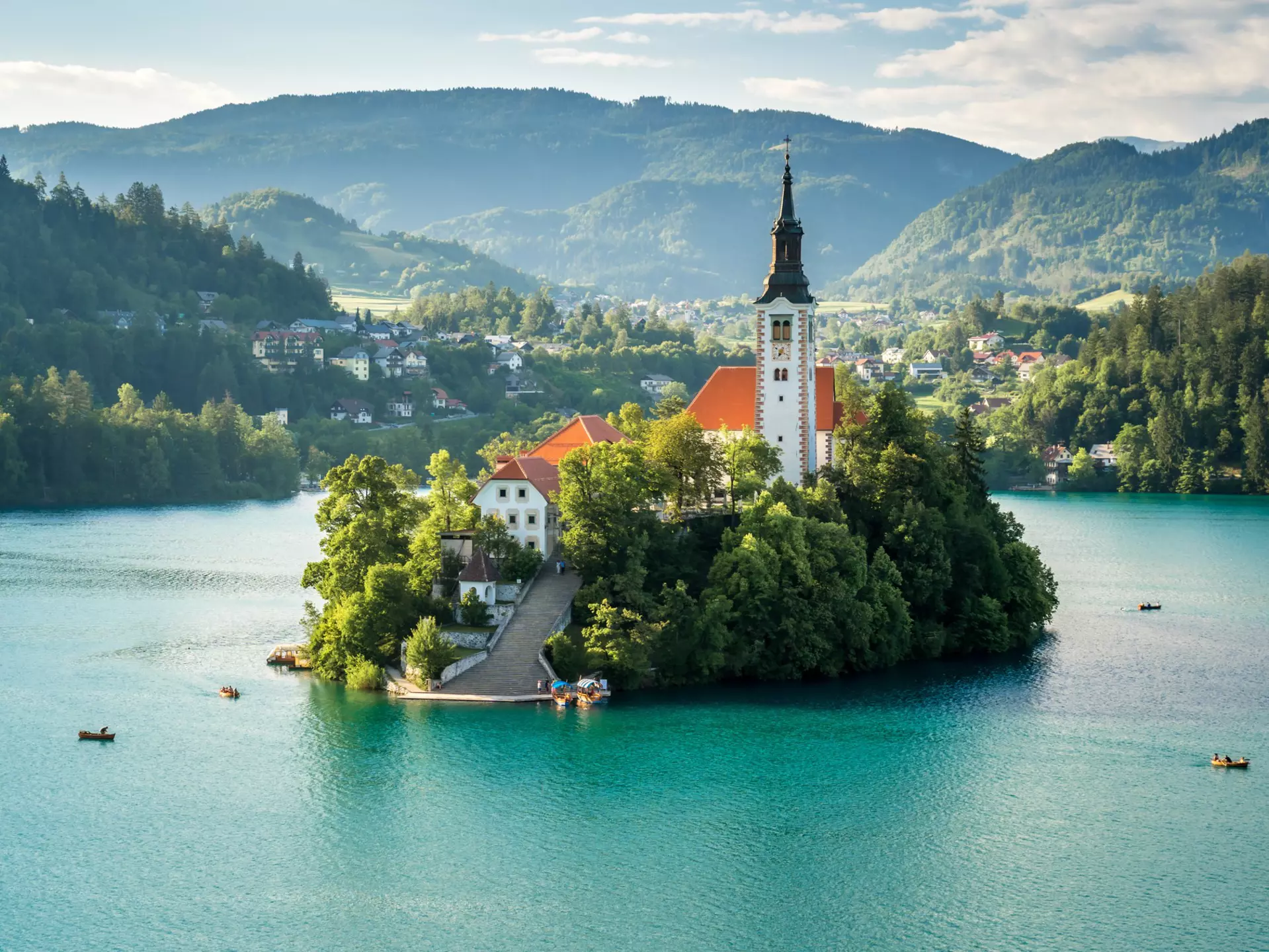 The Church of St John the Baptist in the middle of Bohinj Lake