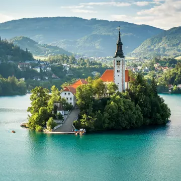 The Church of St John the Baptist in the middle of Bohinj Lake