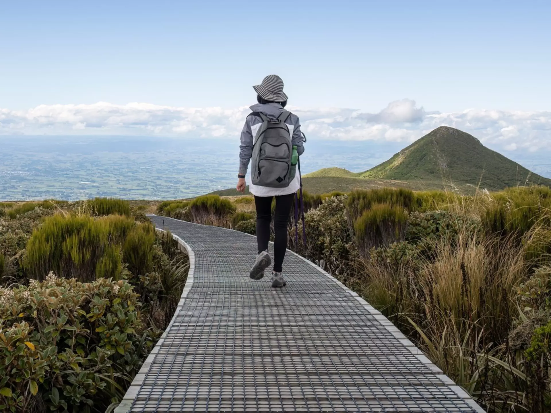Woman hiking the Pouakai circuit in Egmont National Park, New Zealand. Janice Chen/Shutterstock