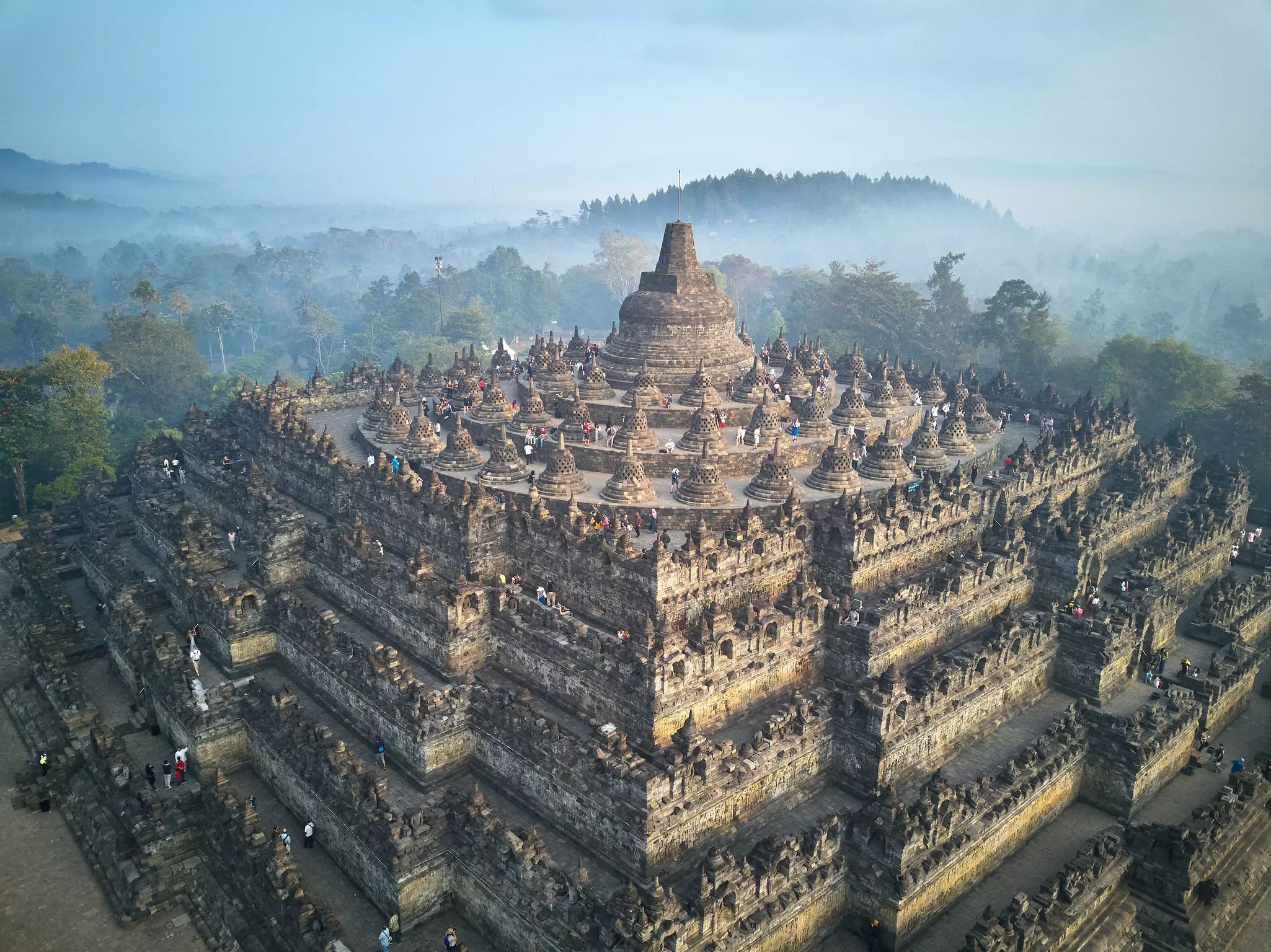 Aerial view of the Borobudur Buddhist temple complex in Central Java, Indonesia