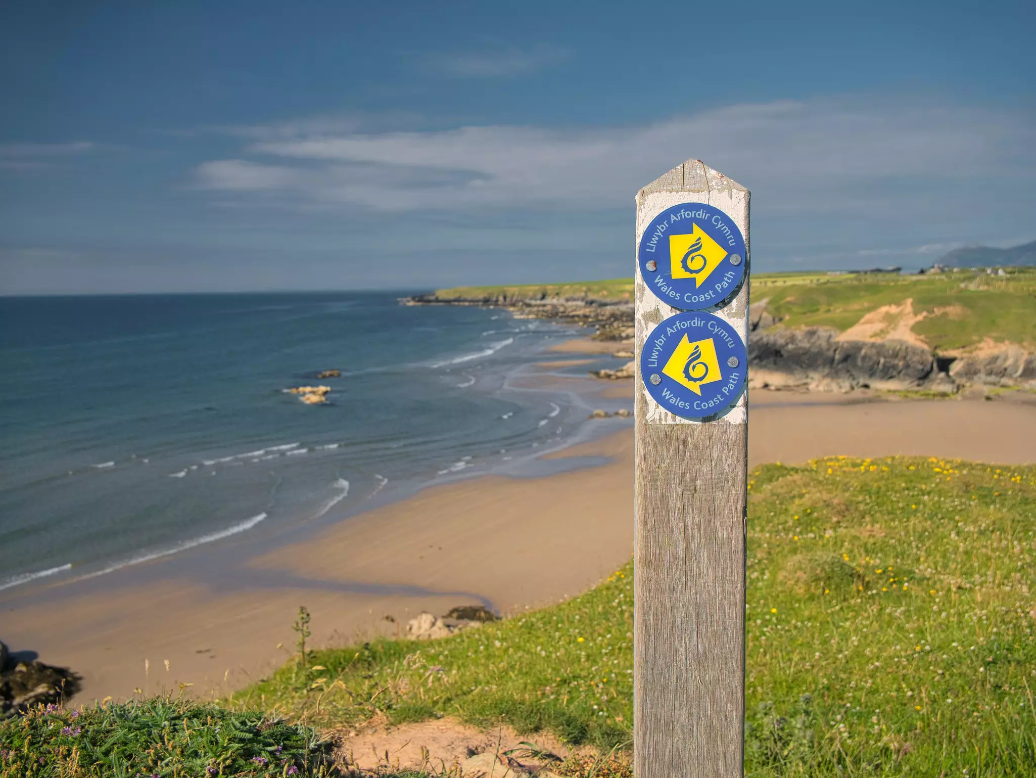 A wooden sign post near a beach with two discs showing arrows pointing the way along the Wales Coast Path