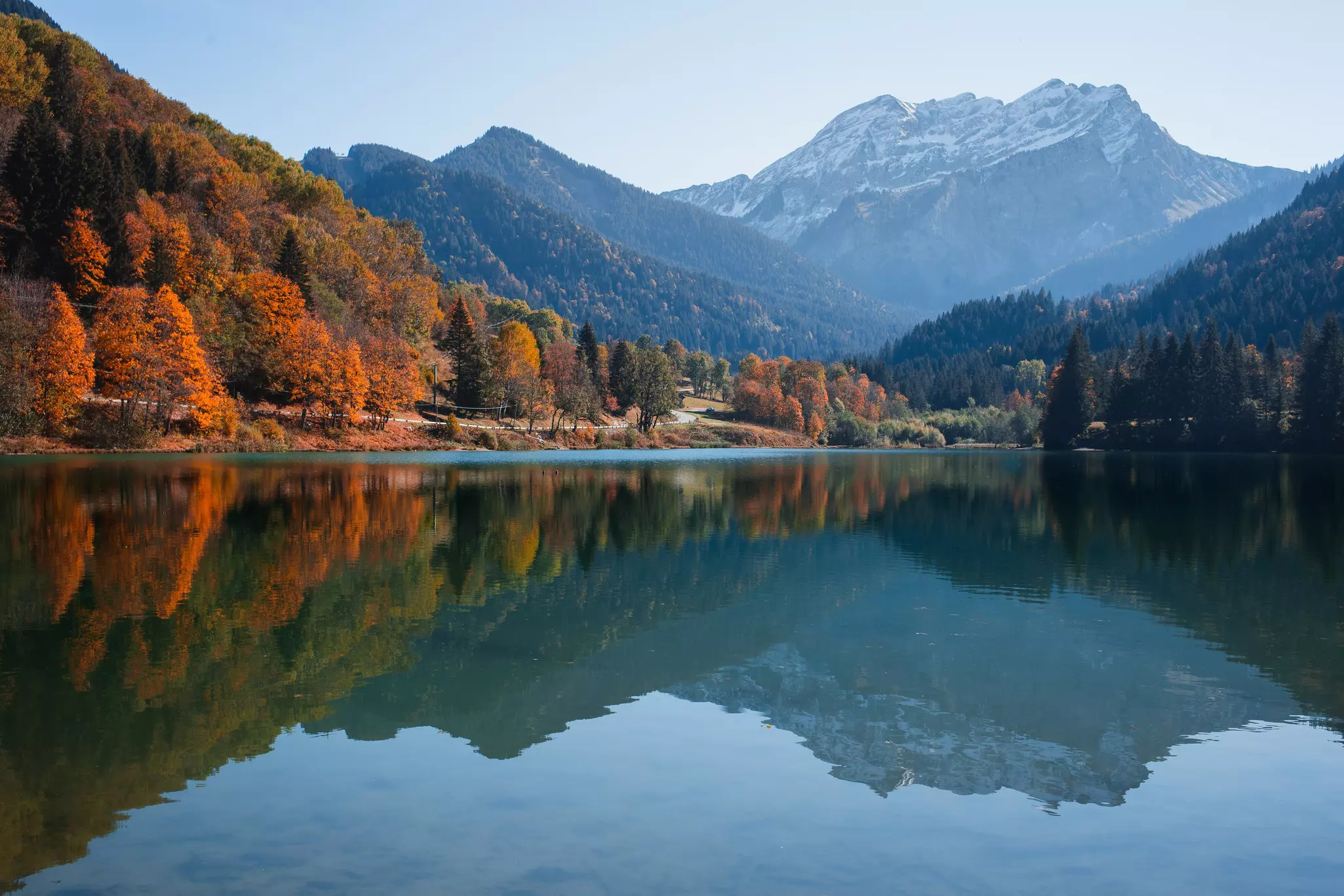 An alpine lake lined with golden trees during autumn.