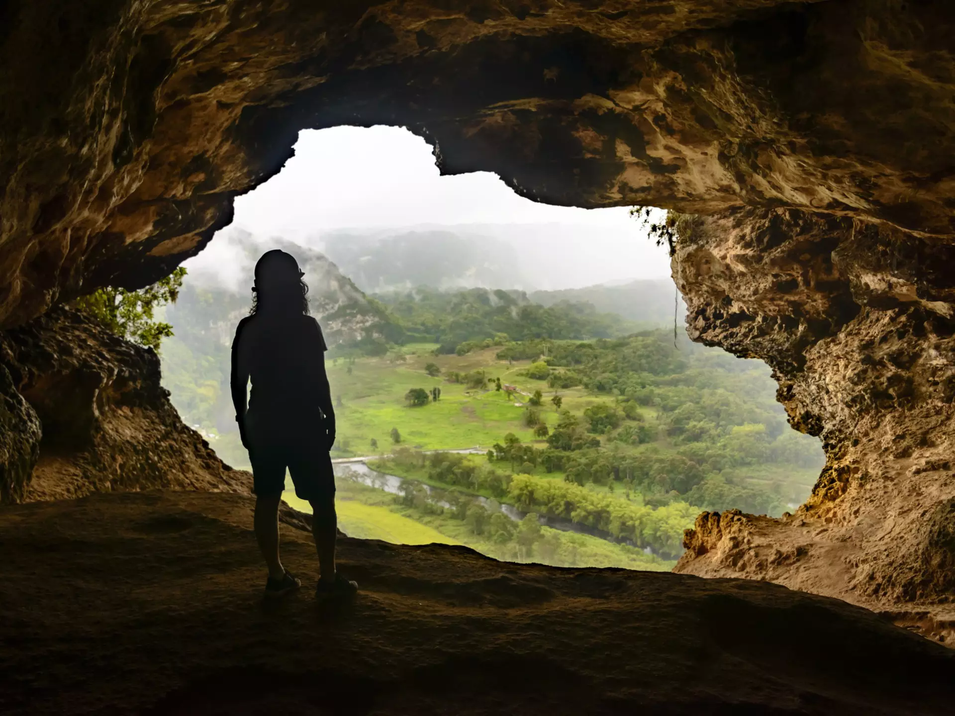 Person in silhouette looks out through the mouth of a cave to a green valley below.