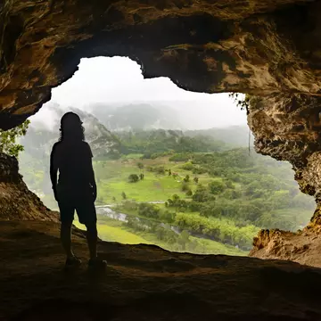 Person in silhouette looks out through the mouth of a cave to a green valley below.